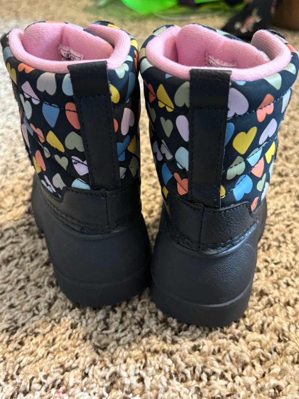 Kids Black Rain & Snow Boots with Multicolor Heart Print - Pink Lining - Picture 2 of 7